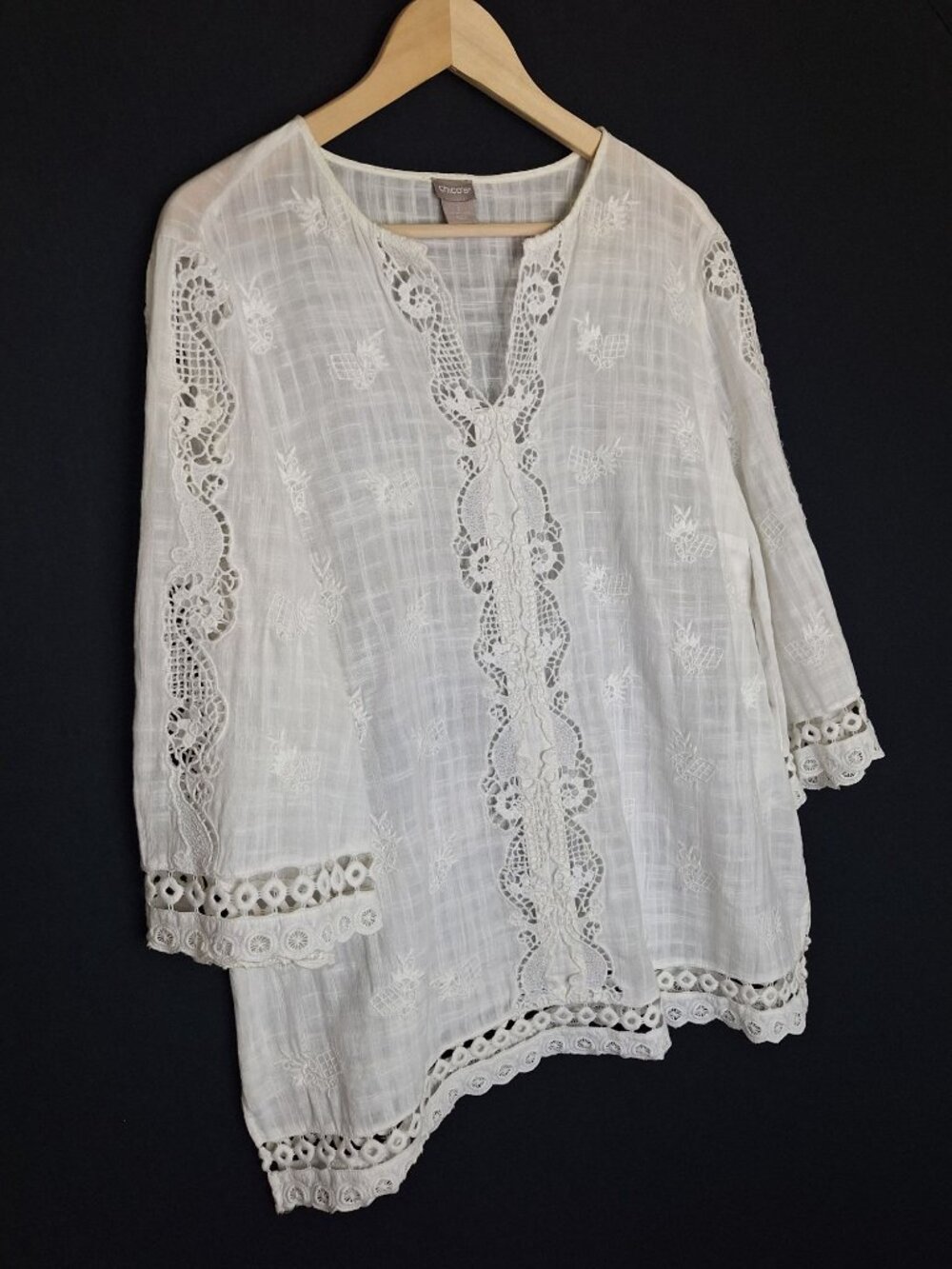 💙 Chico’s Oversized Size L/XL White Embroidered Lace Tunic Blouse Cotton Boho - Picture 6 of 8